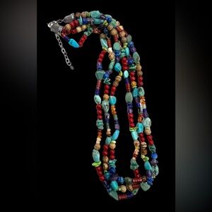 Shubes Southwestern Sterling Silver Turquoise Multi Stone Multi Strand Necklace
